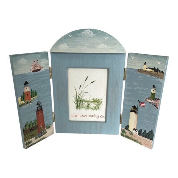 Island Creek Trading Co. Lighthouse Coastal Fold-Out Wooden Picture Frame – Naut - Picture 1 of 7